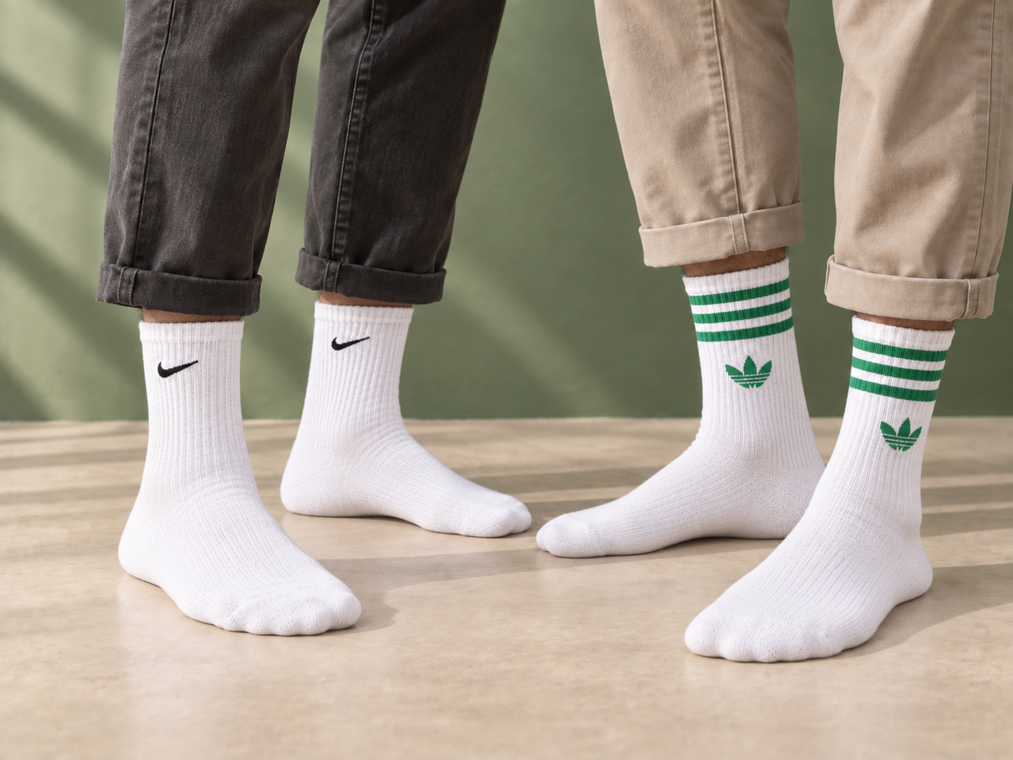Mise en scène de deux modèles portant les chaussettes blanches à swoosh noir et à trois bandes vertes